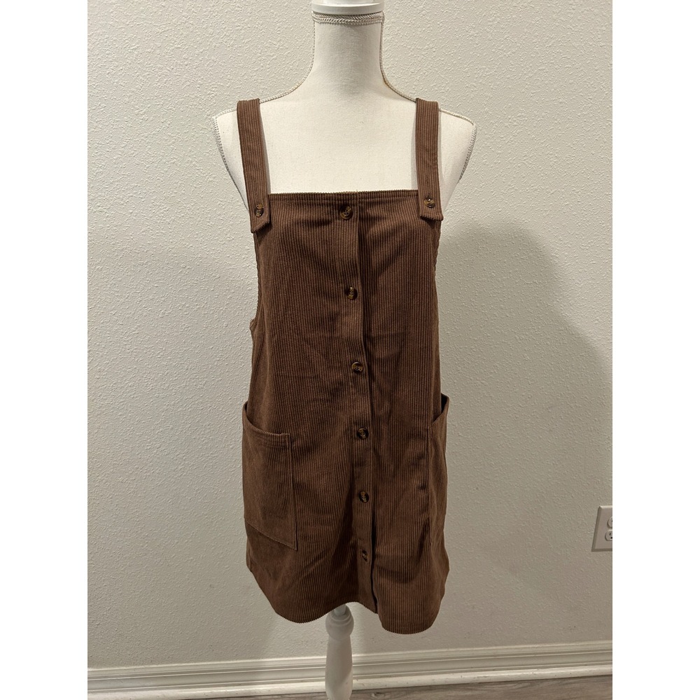 Halara Brown Corduroy Pinafore Dress Button Front Jumper Mini Pockets Womens M